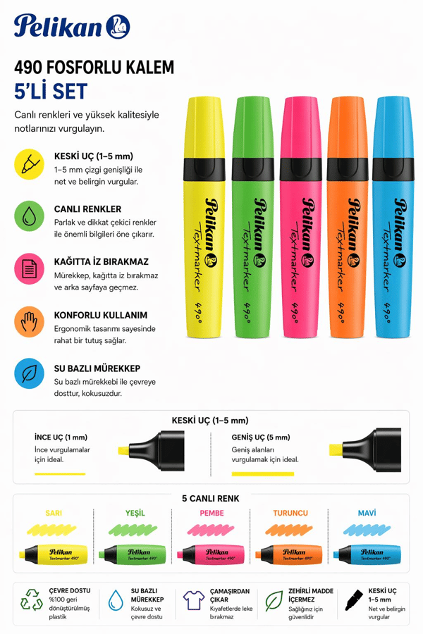 Pelikan 490 Fosforlu Kalem 5'li Set