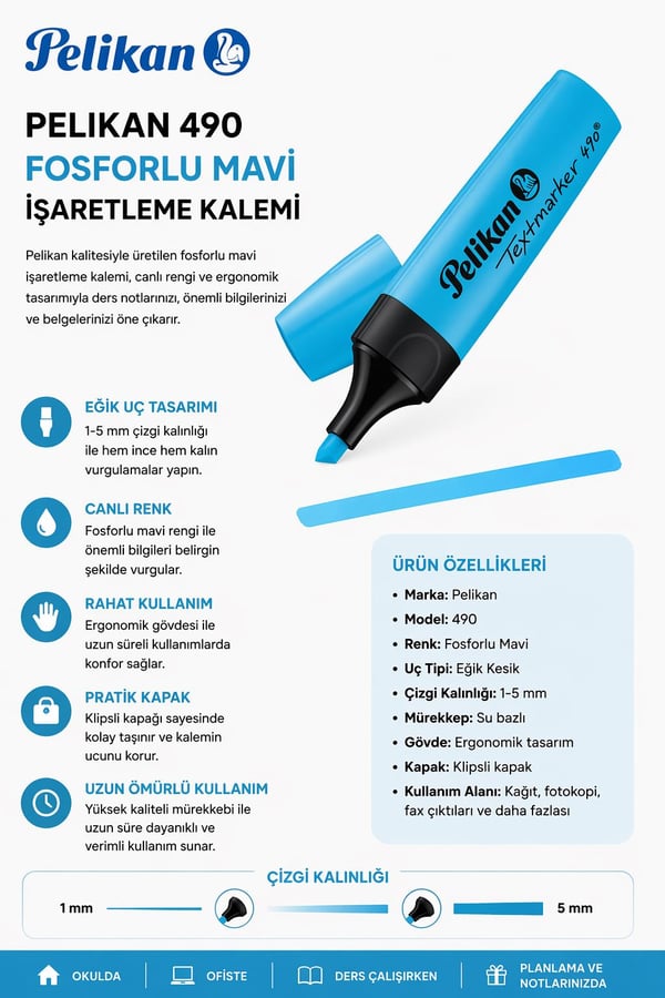 Pelikan 490 Fosforlu Mavi İşaretleme Kalemi