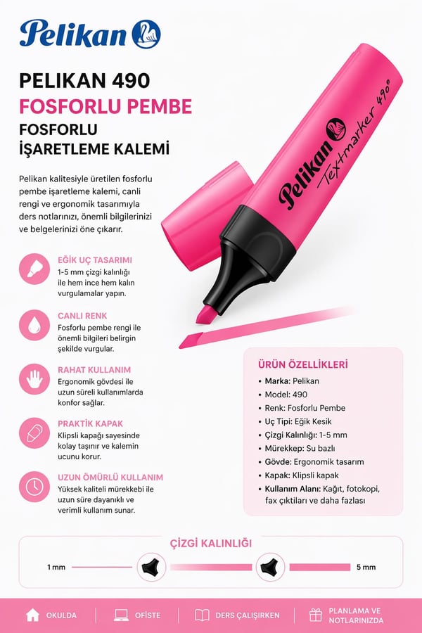 Pelikan 490 Fosforlu Pembe İşaretleme Kalemi