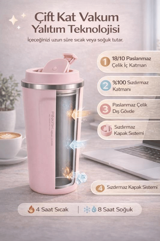 Pinkah Paslanmaz Çelik Kahve Termos Bardak Matara 500 ml Pembe Renk – PKH-PJ-3549-L
