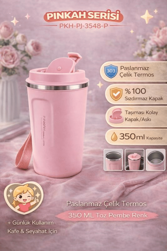 Pinkah Paslanmaz Çelik Kahve Termos Bardak Matara 350 ml Pembe Renk – PKH-PJ-3548-L