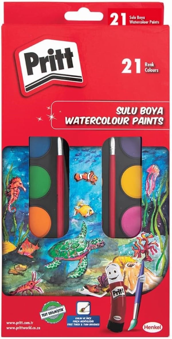 Pritt 21 Renk Sulu Boya Seti Büyük Tablet + Fırça | 1671703 | Çocuklar İçin Okul Boyası