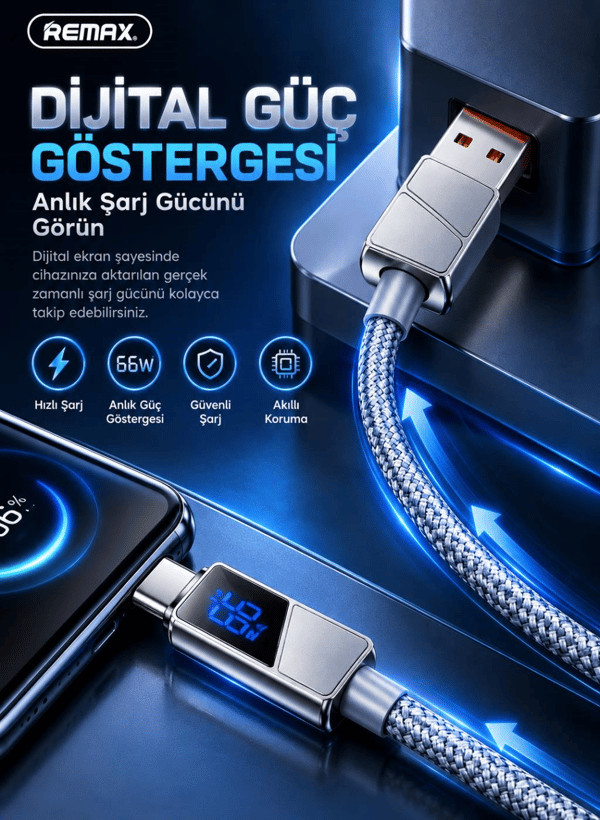 REMAX CB02-AC 66W USB-A to Type-C Dijital Ekranlı Örgülü Hızlı Şarj ve Data Kablosu 1.2 Metre Gri