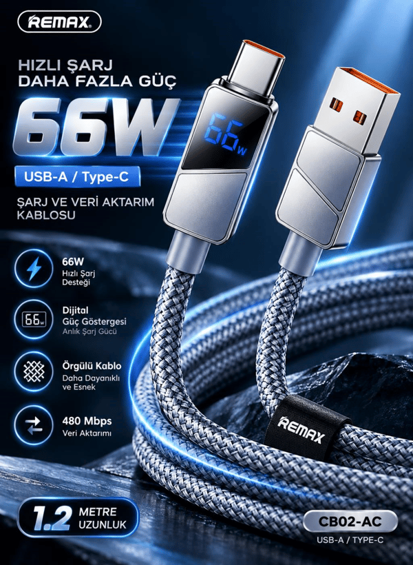 REMAX CB02-AC 66W USB-A to Type-C Dijital Ekranlı Örgülü Hızlı Şarj ve Data Kablosu 1.2 Metre Gri