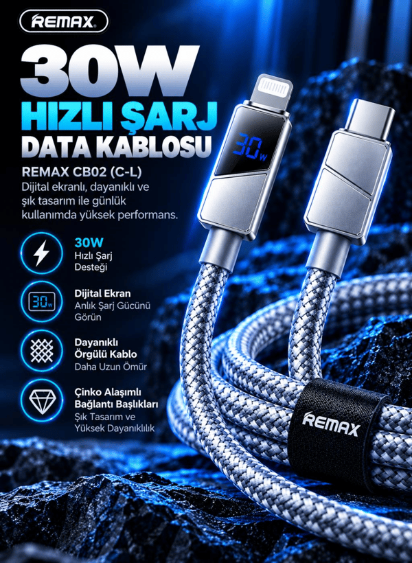 REMAX CB02-CL 30W Dijital Ekranlı Hızlı Şarj ve Data Kablosu Type-C to Lightning 1.2 Metre Gri