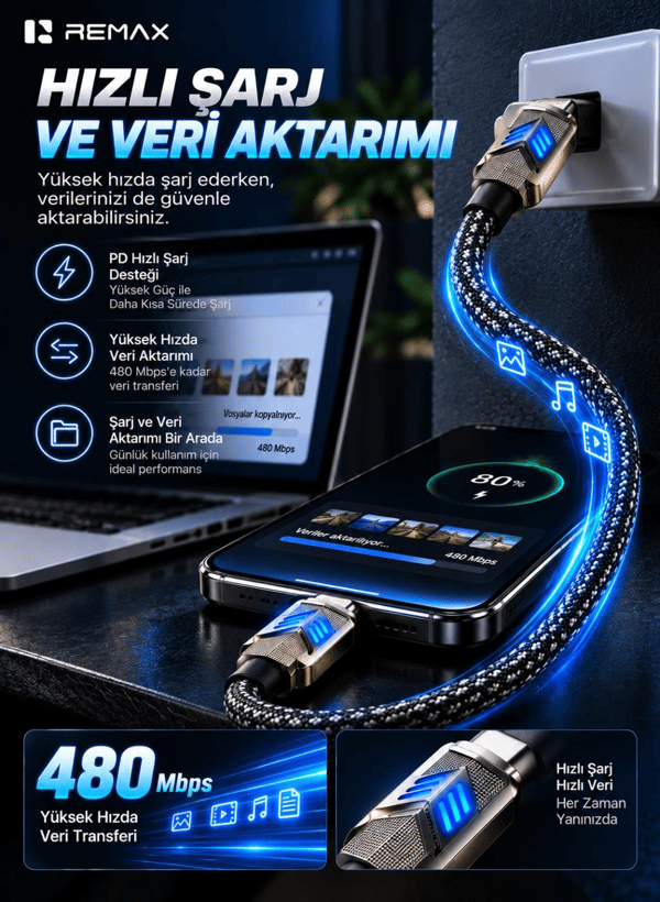 REMAX CB05-CC Bumblebee Serisi 65W PD Type-C to Type-C LED Işıklı Çinko Alaşımlı Örgülü Hızlı Şarj ve Data Kablosu 1.2 Metre Siyah
