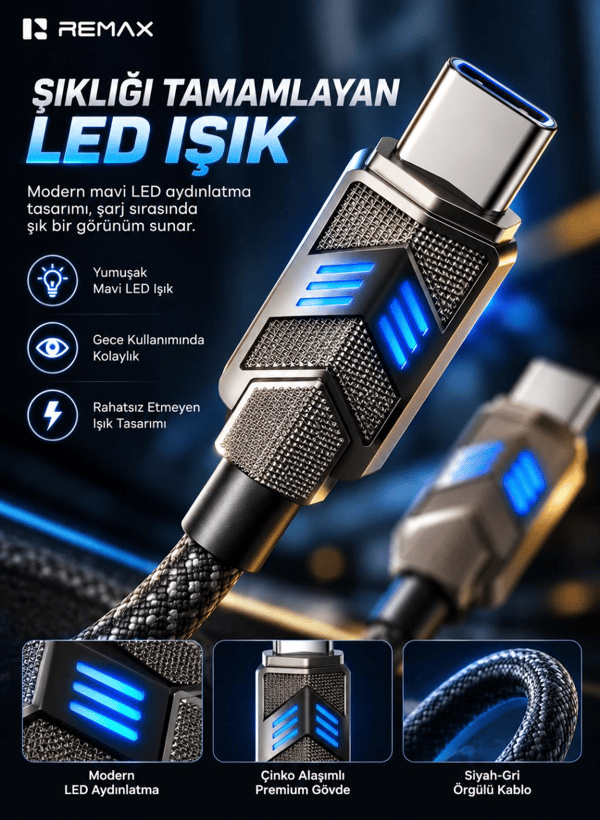 REMAX CB05-CC Bumblebee Serisi 65W PD Type-C to Type-C LED Işıklı Çinko Alaşımlı Örgülü Hızlı Şarj ve Data Kablosu 1.2 Metre Siyah