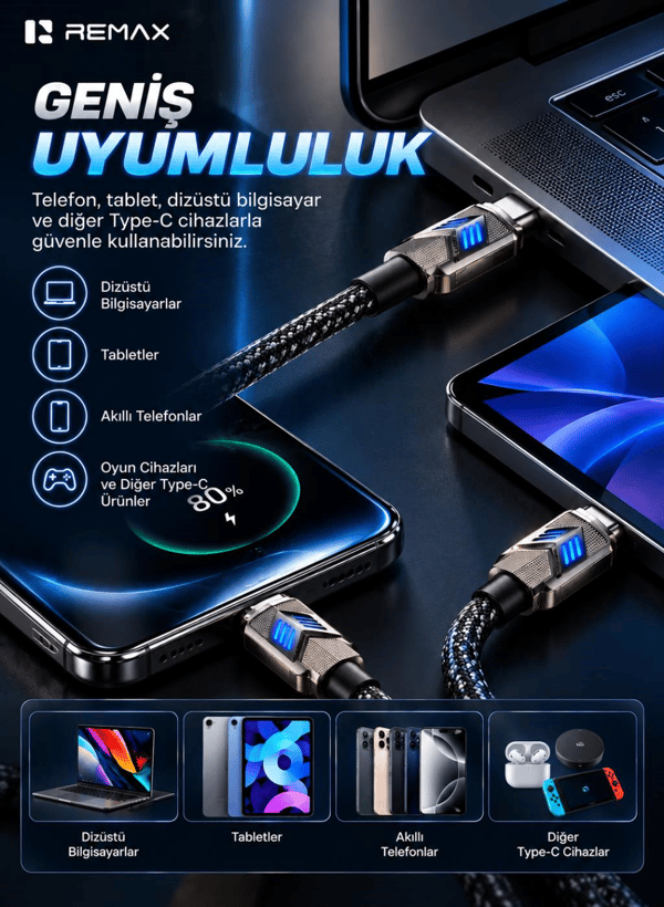REMAX CB05-CC Bumblebee Serisi 65W PD Type-C to Type-C LED Işıklı Çinko Alaşımlı Örgülü Hızlı Şarj ve Data Kablosu 1.2 Metre Siyah