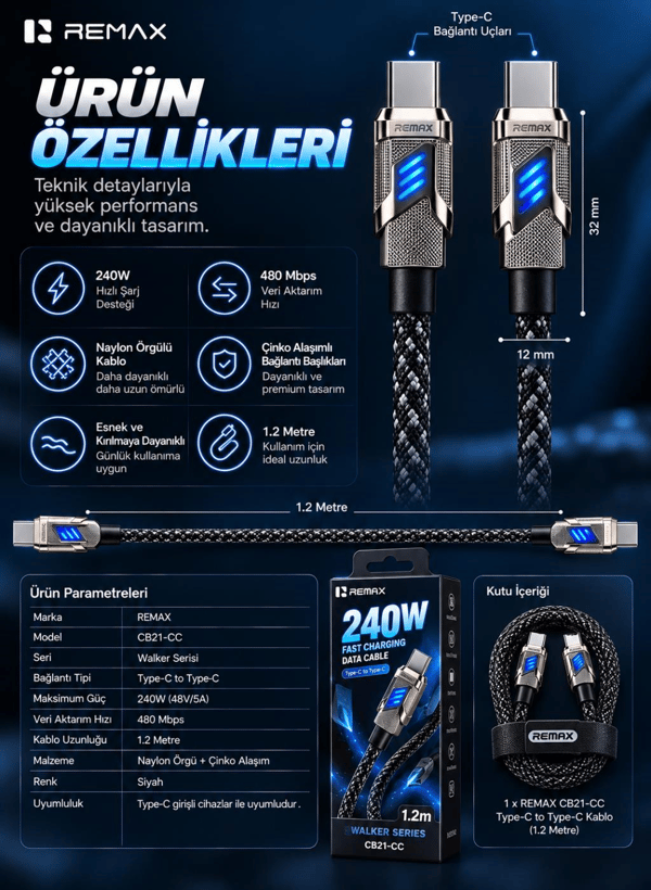 REMAX CB05-CC Bumblebee Serisi 65W PD Type-C to Type-C LED Işıklı Çinko Alaşımlı Örgülü Hızlı Şarj ve Data Kablosu 1.2 Metre Siyah