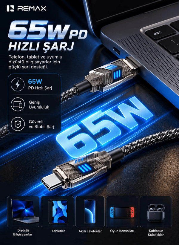 REMAX CB05-CC Bumblebee Serisi 65W PD Type-C to Type-C LED Işıklı Çinko Alaşımlı Örgülü Hızlı Şarj ve Data Kablosu 1.2 Metre Siyah