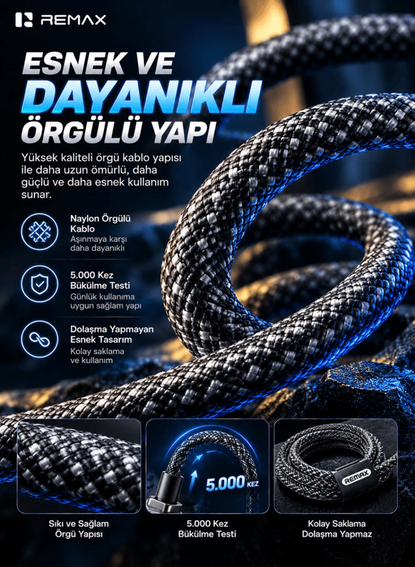 REMAX CB05-CC Bumblebee Serisi 65W PD Type-C to Type-C LED Işıklı Çinko Alaşımlı Örgülü Hızlı Şarj ve Data Kablosu 1.2 Metre Siyah