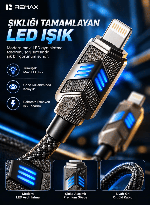 REMAX CB05-CL Bumblebee Serisi 30W PD Type-C to Lightning LED Işıklı Çinko Alaşımlı Örgülü Hızlı Şarj ve Data Kablosu 1.2 Metre Siyah
