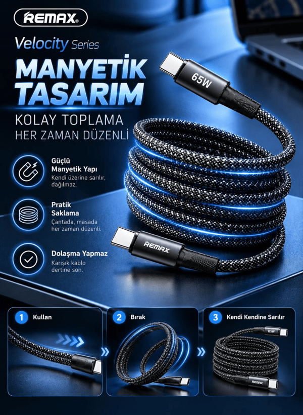 REMAX CB07-CC Velocity Series 65W PD Type-C to Type-C Manyetik Örgülü Hızlı Şarj ve Data Kablosu 1.2 Metre Siyah
