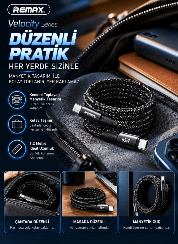 REMAX CB07-CC Velocity Series 65W PD Type-C to Type-C Manyetik Örgülü Hızlı Şarj ve Data Kablosu 1.2 Metre Siyah