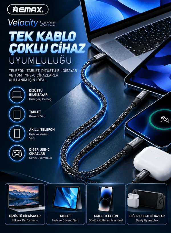 REMAX CB07-CC Velocity Series 65W PD Type-C to Type-C Manyetik Örgülü Hızlı Şarj ve Data Kablosu 1.2 Metre Siyah