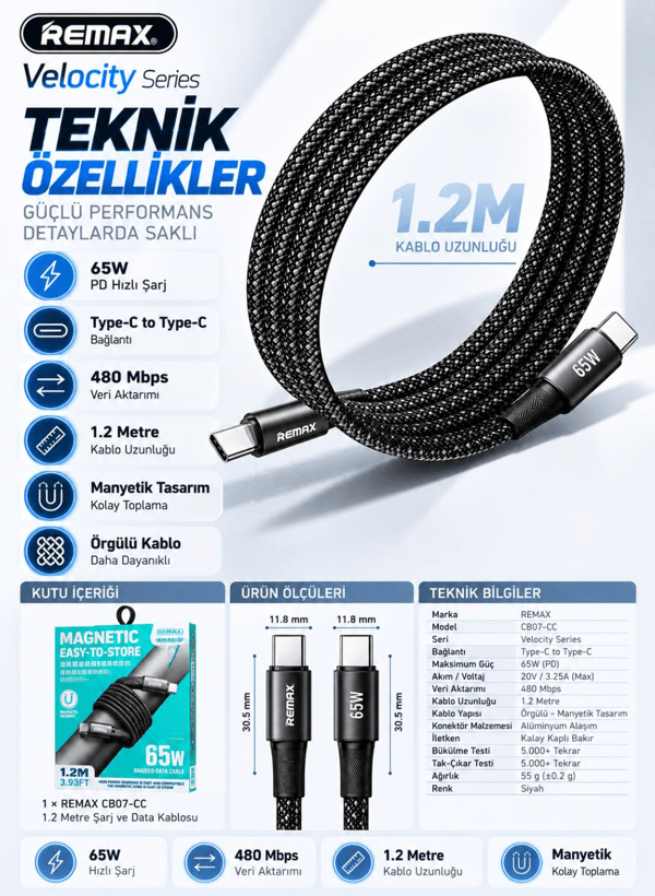 REMAX CB07-CC Velocity Series 65W PD Type-C to Type-C Manyetik Örgülü Hızlı Şarj ve Data Kablosu 1.2 Metre Siyah
