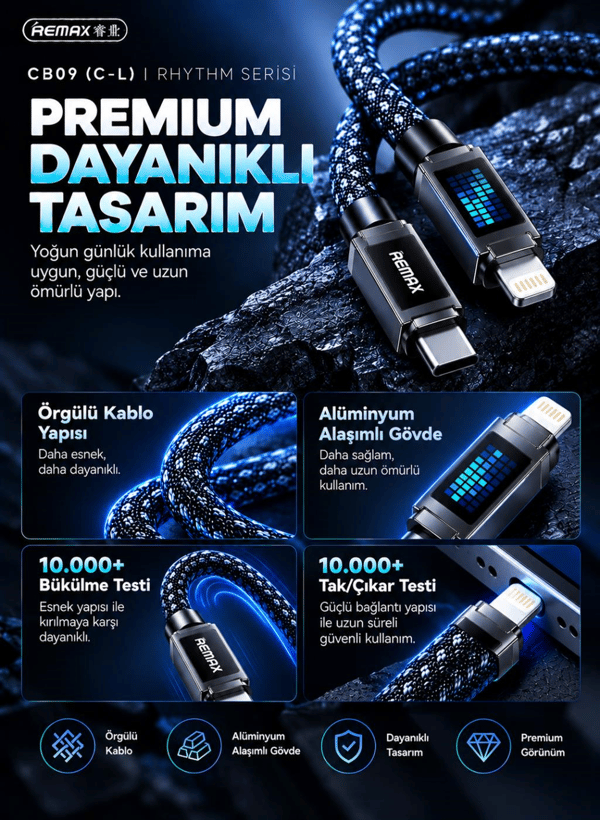 REMAX CB09-CL Rhythm Serisi 30W Type-C to Lightning Mavi LED Işıklı Örgülü Hızlı Şarj ve Data Kablosu 1.2 Metre