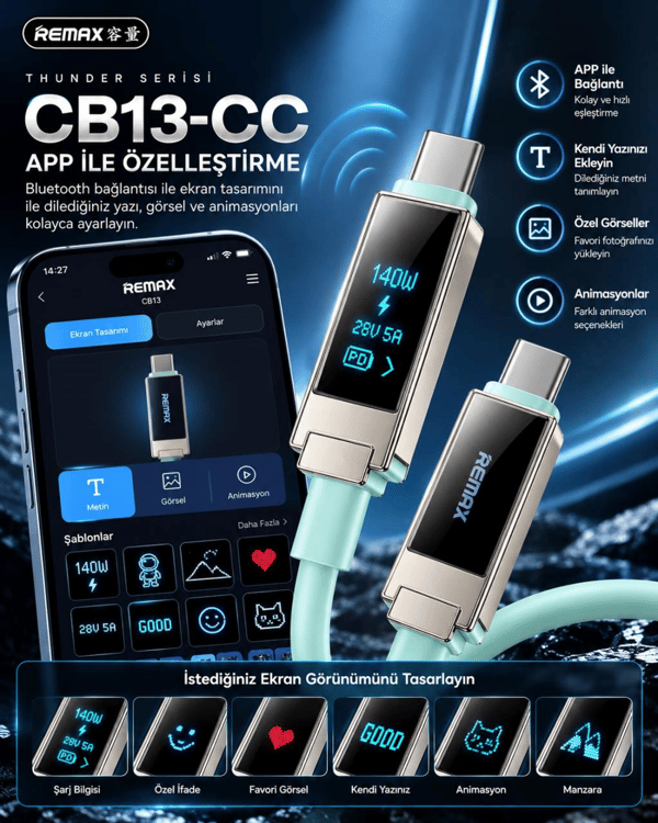 REMAX CB13-CC Thunder Serisi 140W OLED Ekranlı Bluetooth APP Kontrollü Type-C Hızlı Şarj ve Data Kablosu 1.2 Metre Mint Yeşili