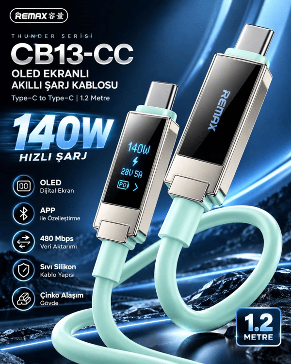 REMAX CB13-CC Thunder Serisi 140W OLED Ekranlı Bluetooth APP Kontrollü Type-C Hızlı Şarj ve Data Kablosu 1.2 Metre Mint Yeşili