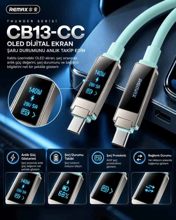 REMAX CB13-CC Thunder Serisi 140W OLED Ekranlı Bluetooth APP Kontrollü Type-C Hızlı Şarj ve Data Kablosu 1.2 Metre Mint Yeşili