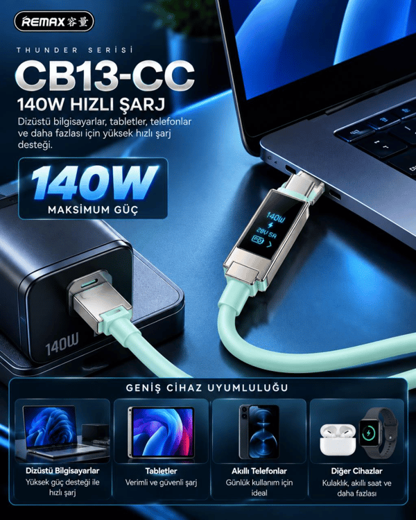 REMAX CB13-CC Thunder Serisi 140W OLED Ekranlı Bluetooth APP Kontrollü Type-C Hızlı Şarj ve Data Kablosu 1.2 Metre Mint Yeşili