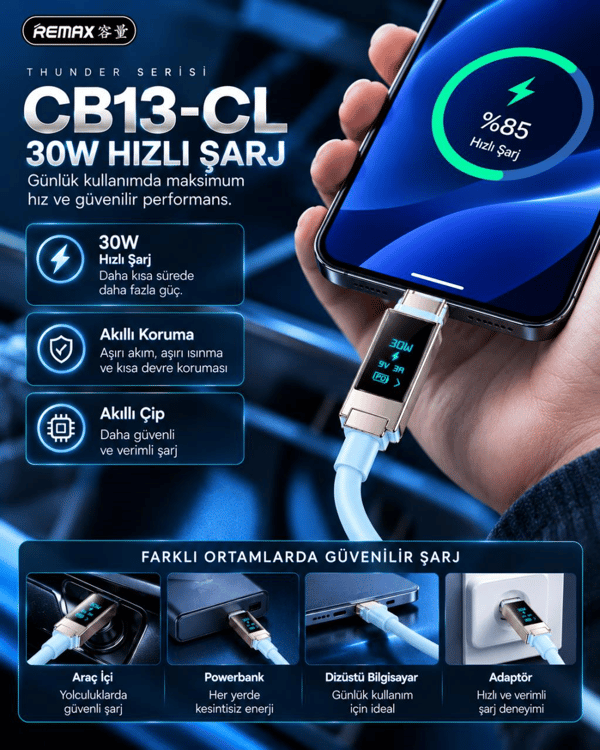 REMAX CB13-CL Thunder Serisi 30W OLED Ekranlı Bluetooth APP Kontrollü Type-C to Lightning Hızlı Şarj ve Data Kablosu 1.2 Metre Buz Mavisi