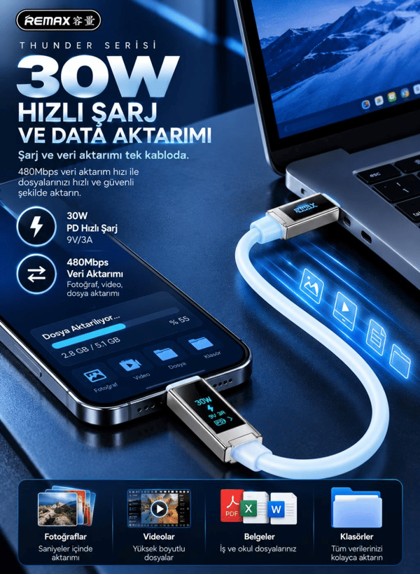 REMAX CB13-CL Thunder Serisi 30W OLED Ekranlı Bluetooth APP Kontrollü Type-C to Lightning Hızlı Şarj ve Data Kablosu 1.2 Metre Buz Mavisi