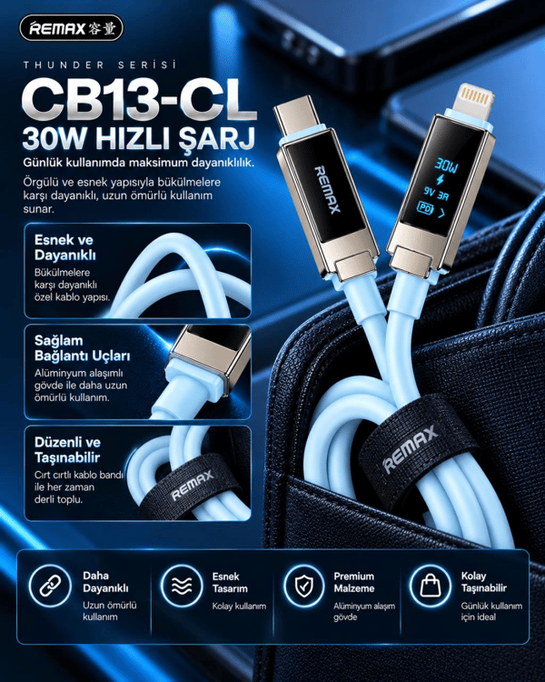 REMAX CB13-CL Thunder Serisi 30W OLED Ekranlı Bluetooth APP Kontrollü Type-C to Lightning Hızlı Şarj ve Data Kablosu 1.2 Metre Buz Mavisi