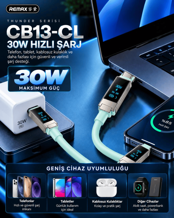REMAX CB13-CL Thunder Serisi 30W OLED Ekranlı Bluetooth APP Kontrollü Type-C to Lightning Hızlı Şarj ve Data Kablosu 1.2 Metre Buz Mavisi