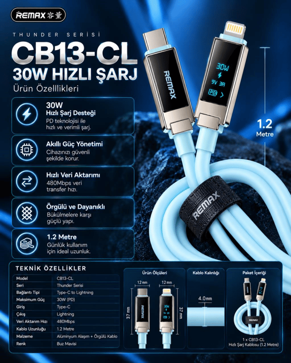 REMAX CB13-CL Thunder Serisi 30W OLED Ekranlı Bluetooth APP Kontrollü Type-C to Lightning Hızlı Şarj ve Data Kablosu 1.2 Metre Buz Mavisi