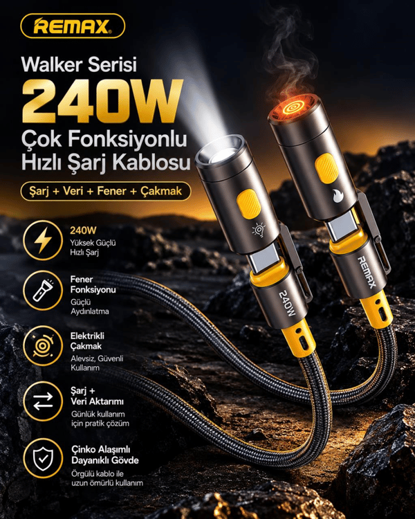 REMAX CB21-CC Walker Serisi 240W Type-C El Fenerli Elektrikli Çakmak Özellikli Örgülü Hızlı Şarj ve Data Kablosu 1.2 Metre Siyah