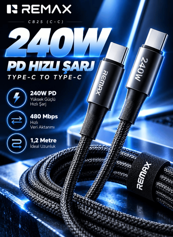 REMAX CB25 240W PD Type-C to Type-C Örgülü Hızlı Şarj ve Data Kablosu 1.2 Metre Siyah