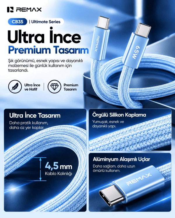 REMAX CB35 Ultimate Series 65W PD Type-C to Type-C Ultra İnce Örgülü Silikon Hızlı Şarj ve Data Kablosu 1,2 Metre Mavi