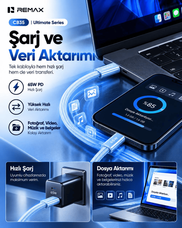 REMAX CB35 Ultimate Series 65W PD Type-C to Type-C Ultra İnce Örgülü Silikon Hızlı Şarj ve Data Kablosu 1,2 Metre Mavi