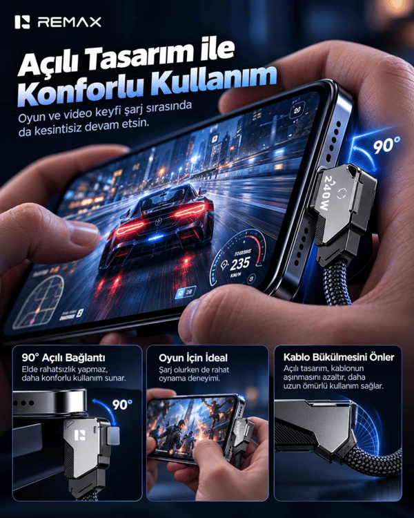 REMAX CB53-CC Enjoy Serisi 240W PD Type-C to Type-C Telefon Standlı Hızlı Şarj ve Data Kablosu 1.2 Metre Siyah