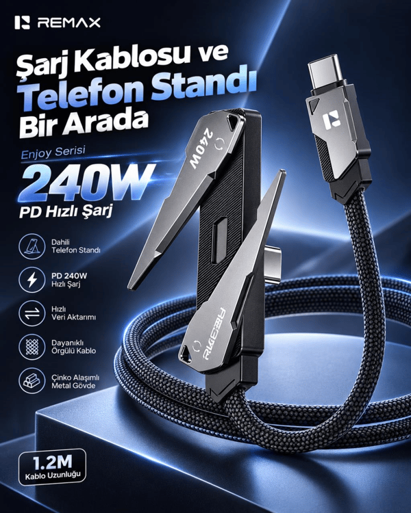 REMAX CB53-CC Enjoy Serisi 240W PD Type-C to Type-C Telefon Standlı Hızlı Şarj ve Data Kablosu 1.2 Metre Siyah