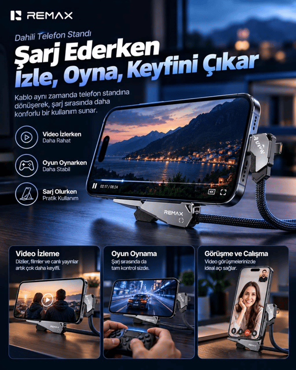 REMAX CB53-CC Enjoy Serisi 240W PD Type-C to Type-C Telefon Standlı Hızlı Şarj ve Data Kablosu 1.2 Metre Siyah