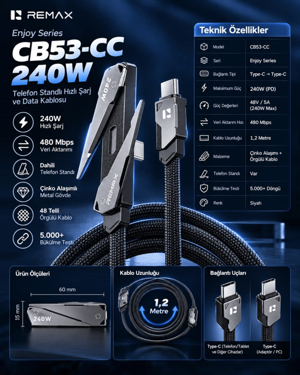 REMAX CB53-CC Enjoy Serisi 240W PD Type-C to Type-C Telefon Standlı Hızlı Şarj ve Data Kablosu 1.2 Metre Siyah
