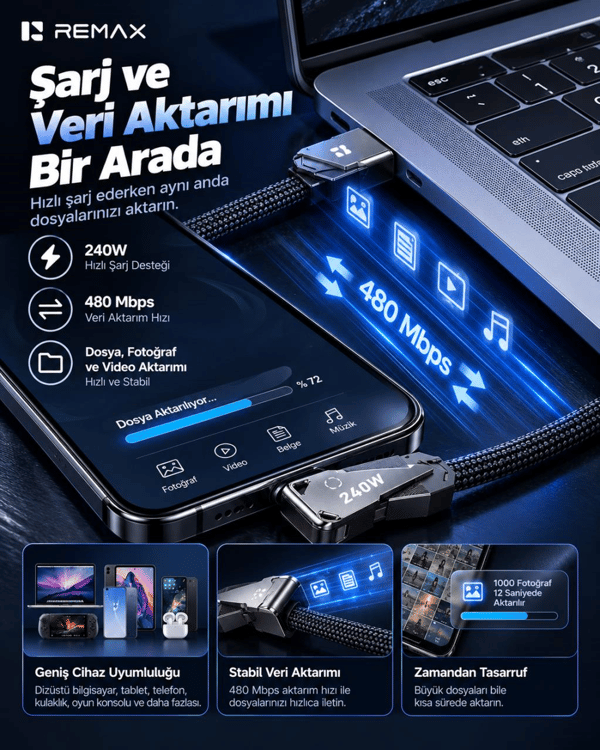 REMAX CB53-CC Enjoy Serisi 240W PD Type-C to Type-C Telefon Standlı Hızlı Şarj ve Data Kablosu 1.2 Metre Siyah
