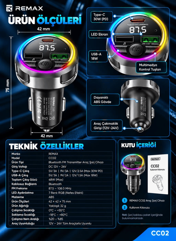 REMAX CC02 48W Bluetooth FM Transmitter RGB LED Işıklı Hızlı Araç Şarj Cihazı