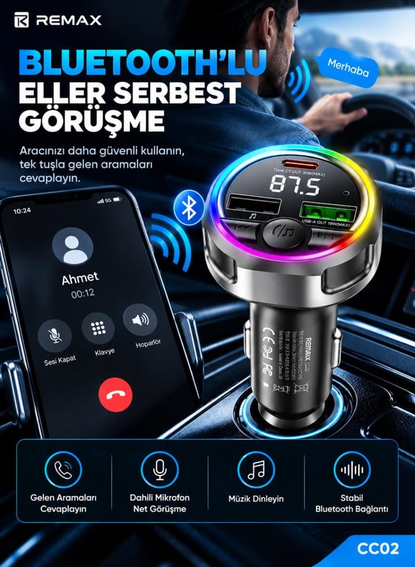 REMAX CC02 48W Bluetooth FM Transmitter RGB LED Işıklı Hızlı Araç Şarj Cihazı