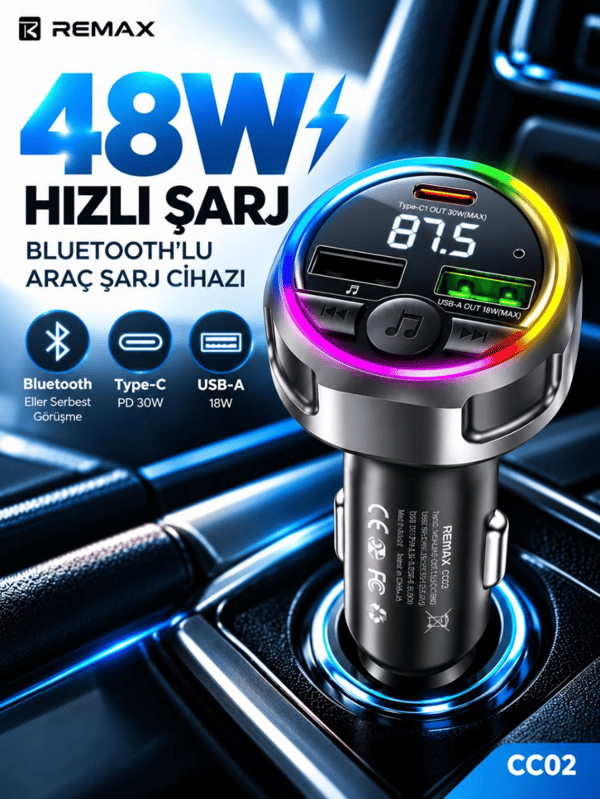 REMAX CC02 48W Bluetooth FM Transmitter RGB LED Işıklı Hızlı Araç Şarj Cihazı