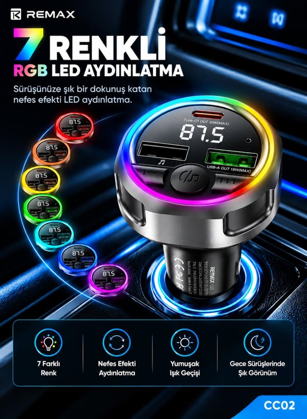 REMAX CC02 48W Bluetooth FM Transmitter RGB LED Işıklı Hızlı Araç Şarj Cihazı