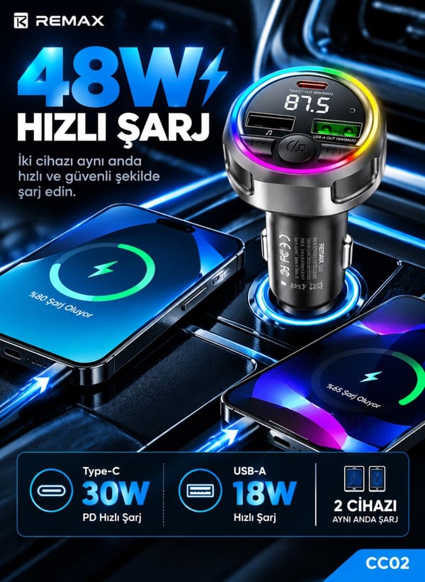 REMAX CC02 48W Bluetooth FM Transmitter RGB LED Işıklı Hızlı Araç Şarj Cihazı