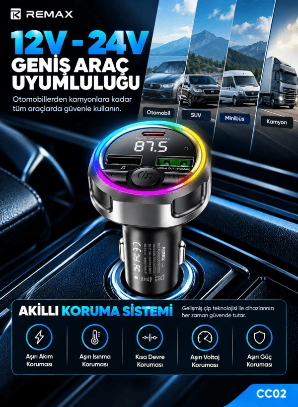 REMAX CC02 48W Bluetooth FM Transmitter RGB LED Işıklı Hızlı Araç Şarj Cihazı