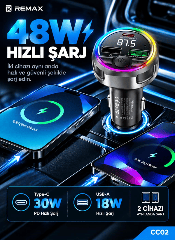 REMAX CC02 48W Bluetooth FM Transmitter RGB LED Işıklı Hızlı Araç Şarj Cihazı