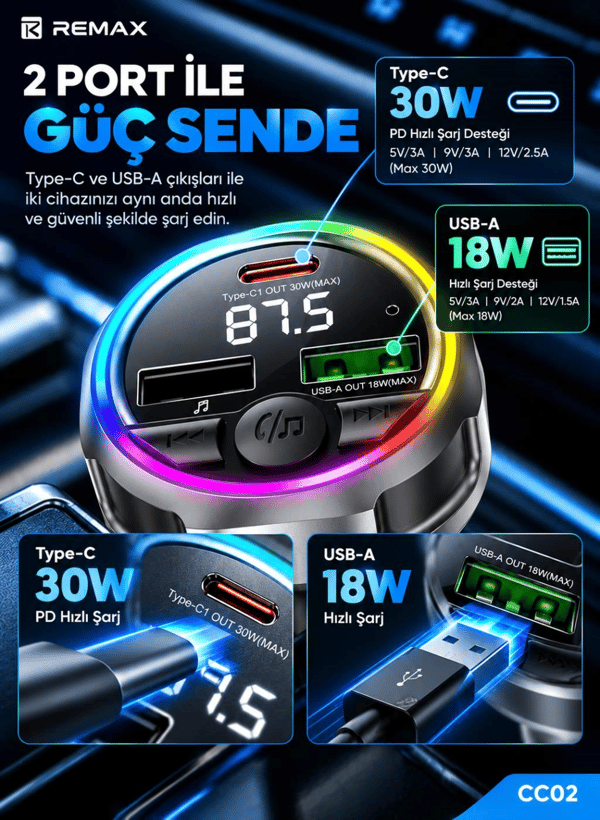 REMAX CC02 48W Bluetooth FM Transmitter RGB LED Işıklı Hızlı Araç Şarj Cihazı