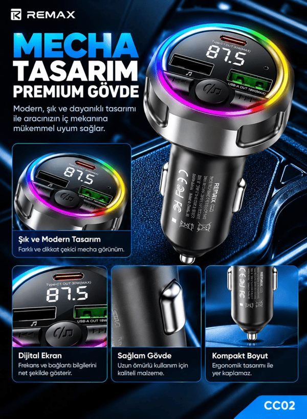 REMAX CC02 48W Bluetooth FM Transmitter RGB LED Işıklı Hızlı Araç Şarj Cihazı