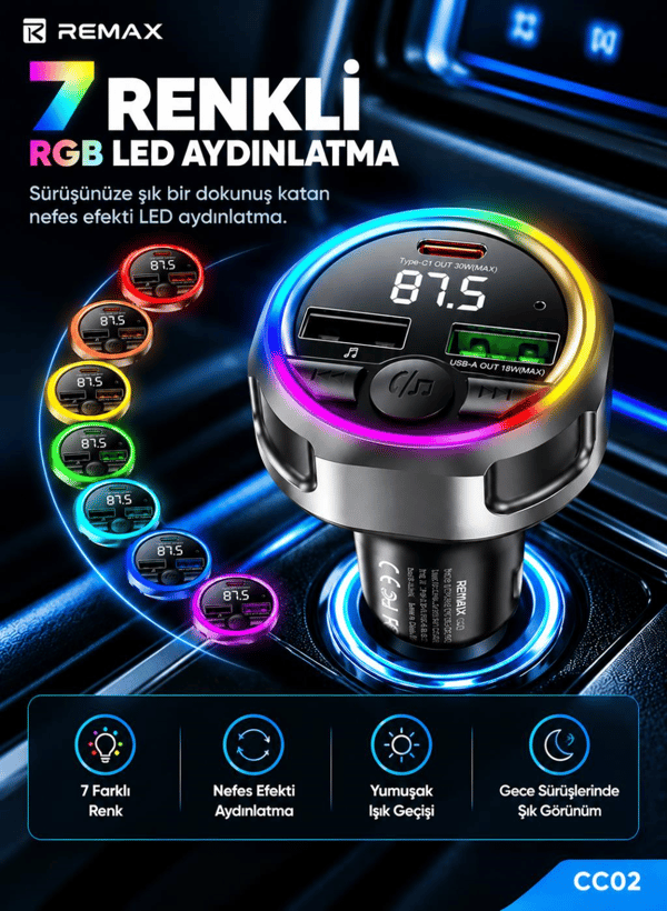 REMAX CC02 48W Bluetooth FM Transmitter RGB LED Işıklı Hızlı Araç Şarj Cihazı
