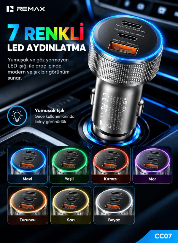 REMAX CC07 60W PD Hızlı Şarj Destekli 2 Type-C ve USB-A Çıkışlı RGB LED Işıklı Alüminyum Araç Şarj Cihazı